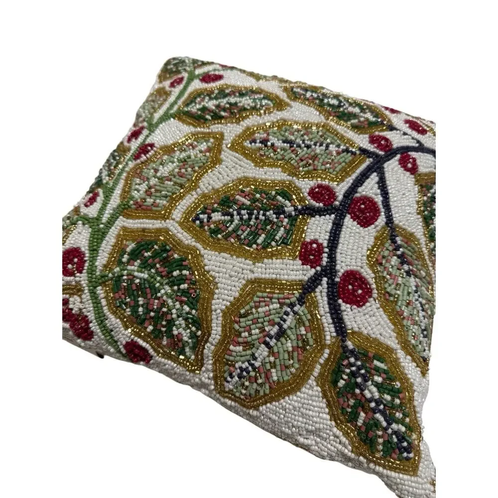 Christmas Throw Pillow Leaves Hand Beaded Gold Accent Holiday Sparkle Rare‎